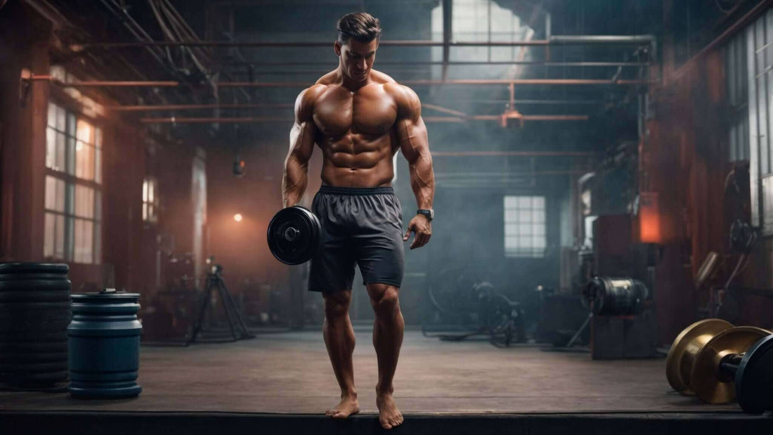 Top 5 Benefits of Using a Massage Gun for Muscle Recovery features a muscular man holding a black dumbbell in a gym