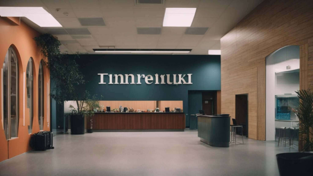 Top 5 massage chair solutions for campus wellness programs features a Finnrenki reception lobby with wood desk and teal signage