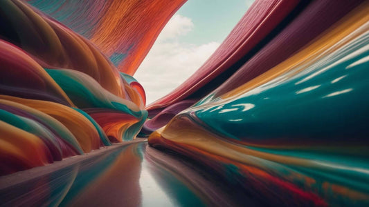 Abstract landscape artwork with swirling teal, red, orange and brown forms; Fujiiryoki Recliners is not depicted.