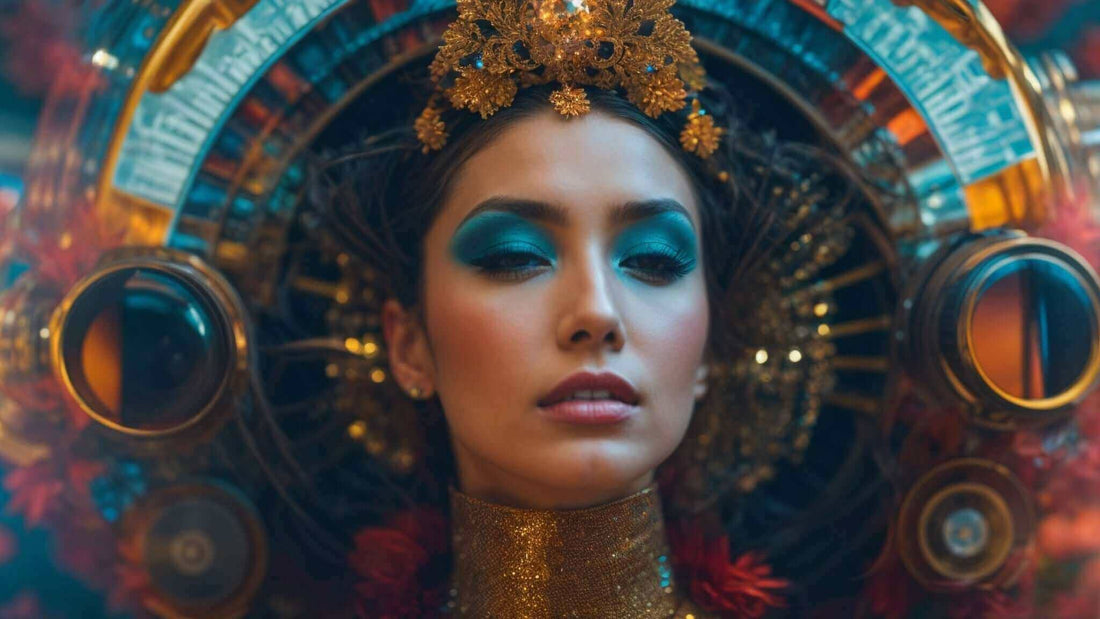 Portrait of a woman wearing a gold headdress and ornate neckpiece, illustrating Top Benefits of Massage Chairs for Stiff Neck Relief