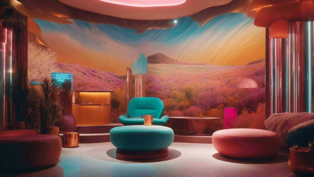 Spa lounge interior with sculpted teal and burgundy massage chairs, a glowing ceiling feature, and panoramic desert artwork; Top Benefits of the Synca Massage Chair for Stress Relief