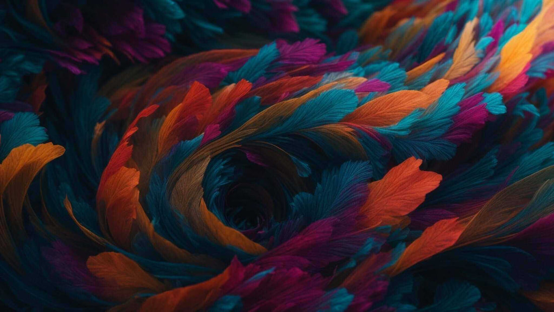 Abstract feather pattern in vivid teal, orange, magenta and dark blue with layered, flowing textures; Top Benefits of Using the Quzy Neck & Shoulder Massager