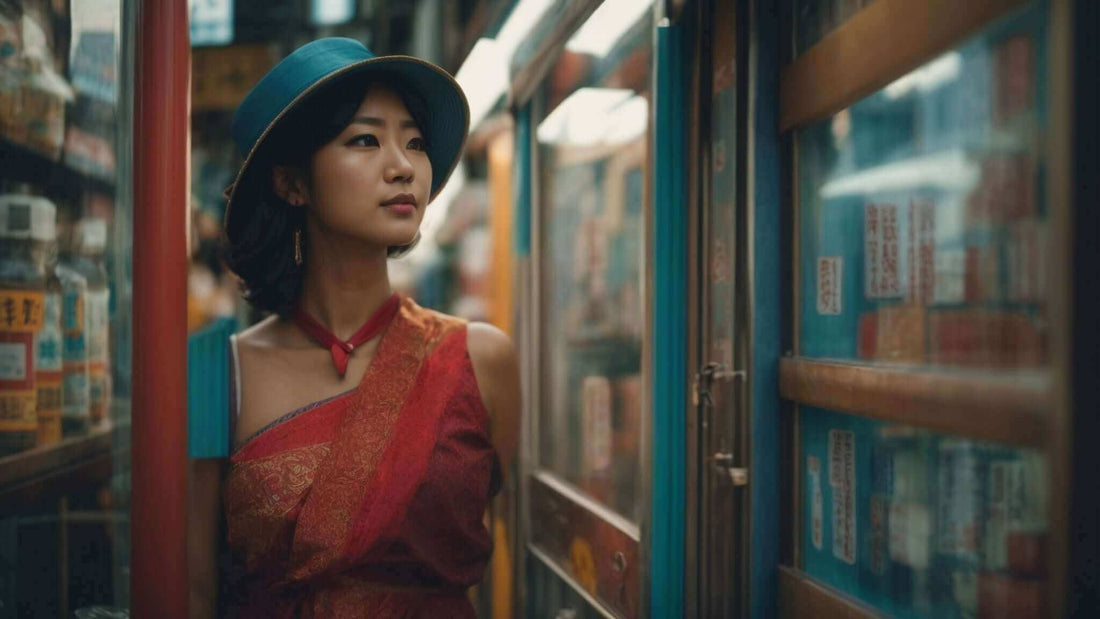Woman in a red patterned sleeveless dress and teal hat beside a tram, illustrating Top Japanese Massage Chair Brands: Fujiiryoki, Dcore, Synca Wellness, and Inner Balance