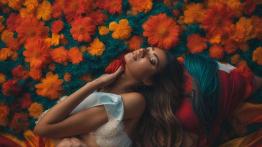Top Reasons Massage Chairs Are Essential for Stress Management: Woman reclining among orange flowers, wearing white lace and teal fabric.