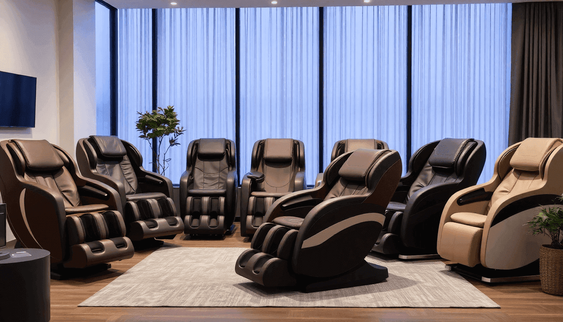 Massage chairs in black and beige leather with padded seats and reclining footrests; Ultimate Massage Chair Buying Guide: What to Consider
