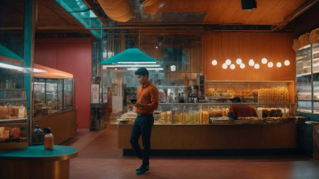 Man in an orange sweater and dark trousers standing inside a warmly lit bakery, illustrating Massage Chairs Improve Flexibility
