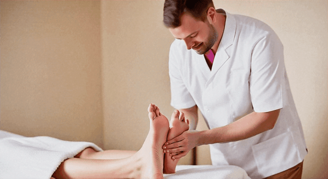 Unlocking the Benefits of Daily Use: The Best Foot Massagers Reviewed, therapist gently massaging a client's bare feet