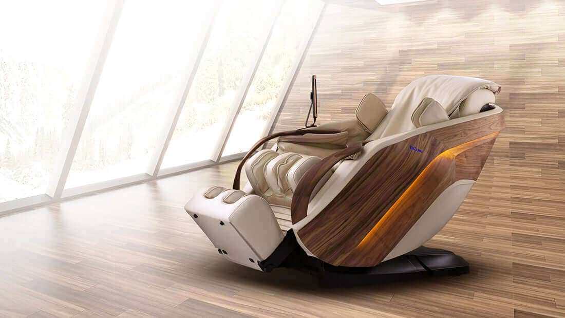 Massage chair, Unveiling the DCore CIRRUS-JP: Top Features and Benefits of This High-Tech Japanese Massage Chair, in cream and brown with wood-grain side panels and a reclining design