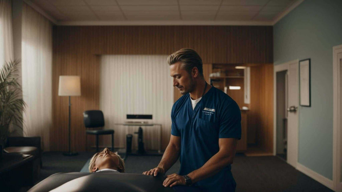 What Chiropractors Say About Massage Chairs, a chiropractor in navy scrubs gently treating a patient on a table