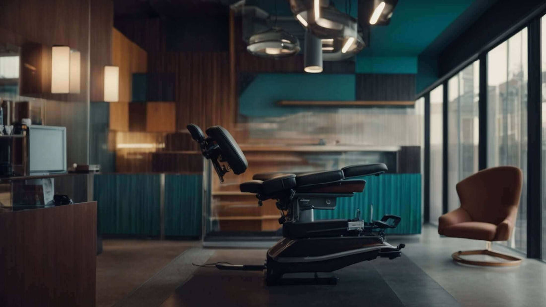 Robotic massage chair in black with a padded reclining seat, adjustable footrest, and a sculpted mechanical base, illustrating What Chiropractors Say About Robotic Massage Chairs