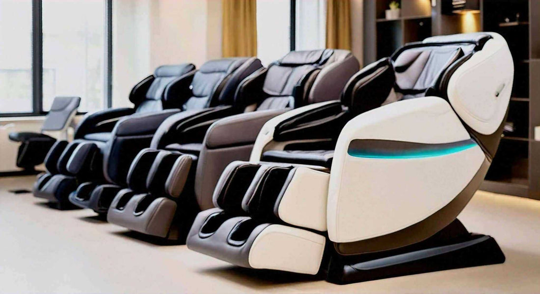 Massage chairs with glossy black and white upholstery, padded armrests, footrests and a curved modern design; Where to Buy Massage Chair: Your Guide to Finding the Perfect Massage Chair