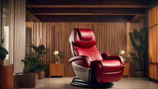 Who Invented the Massage Chair? The Story of Fujiiryoki, a red leather massage chair with padded armrests and footrest