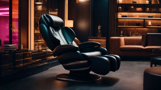 Massage chair, Refurbished cyber relax ai, black leather upholstery with padded contours, armrests, footrest and reclining design.