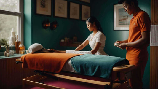 Foot massage treatment with a woman lying on an orange and teal-covered table while a therapist works on her feet; Why use a foot massager at home: 7 Proven Benefits