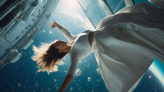 Astronaut in a flowing white dress floats in space, with Zero Gravity Massage Chairs Explained: Why Fujiiryoki Stands Out
