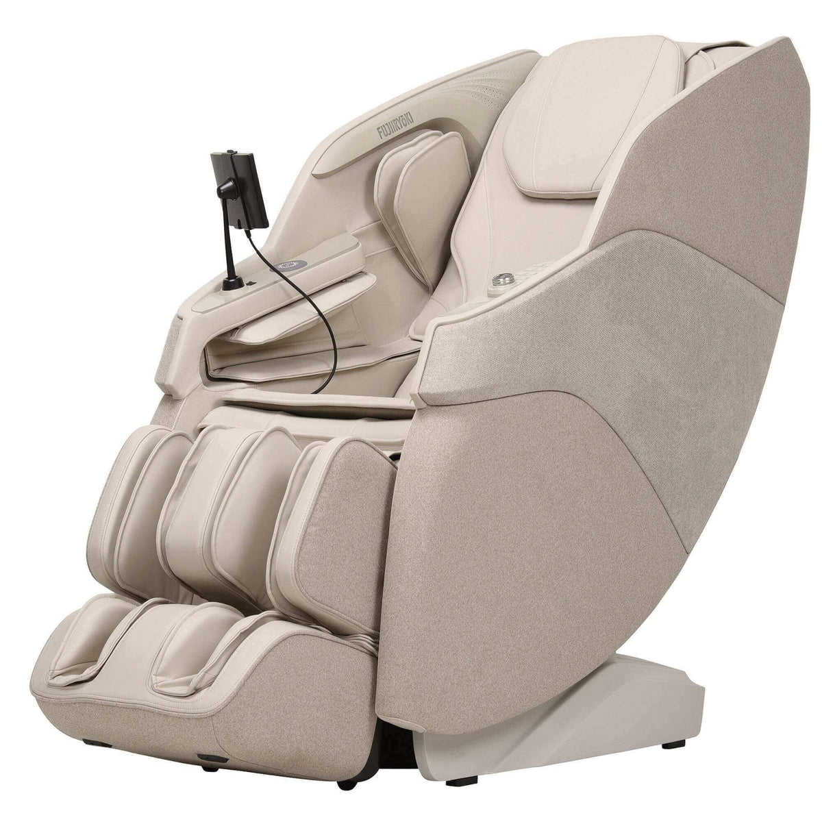 Refuge True Relax massage chair in light beige fabric with a reclining design, padded armrests and calf massagers