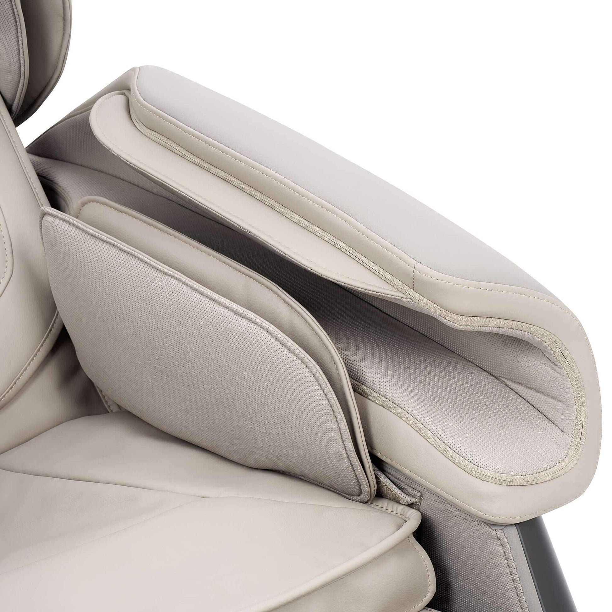 Close-up of beige Fujiiryoki Calm Plus massage chair armrest and cushioning details