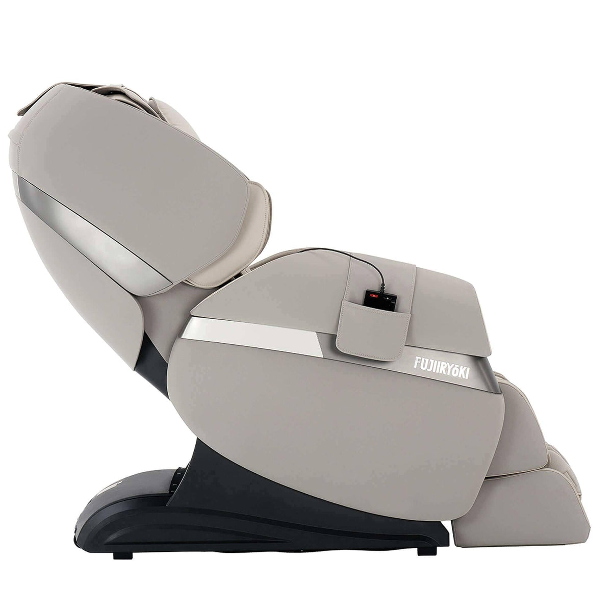 Calm Plus MR6000 massage chair in taupe upholstery with a reclining padded design, silver trim and touchscreen remote