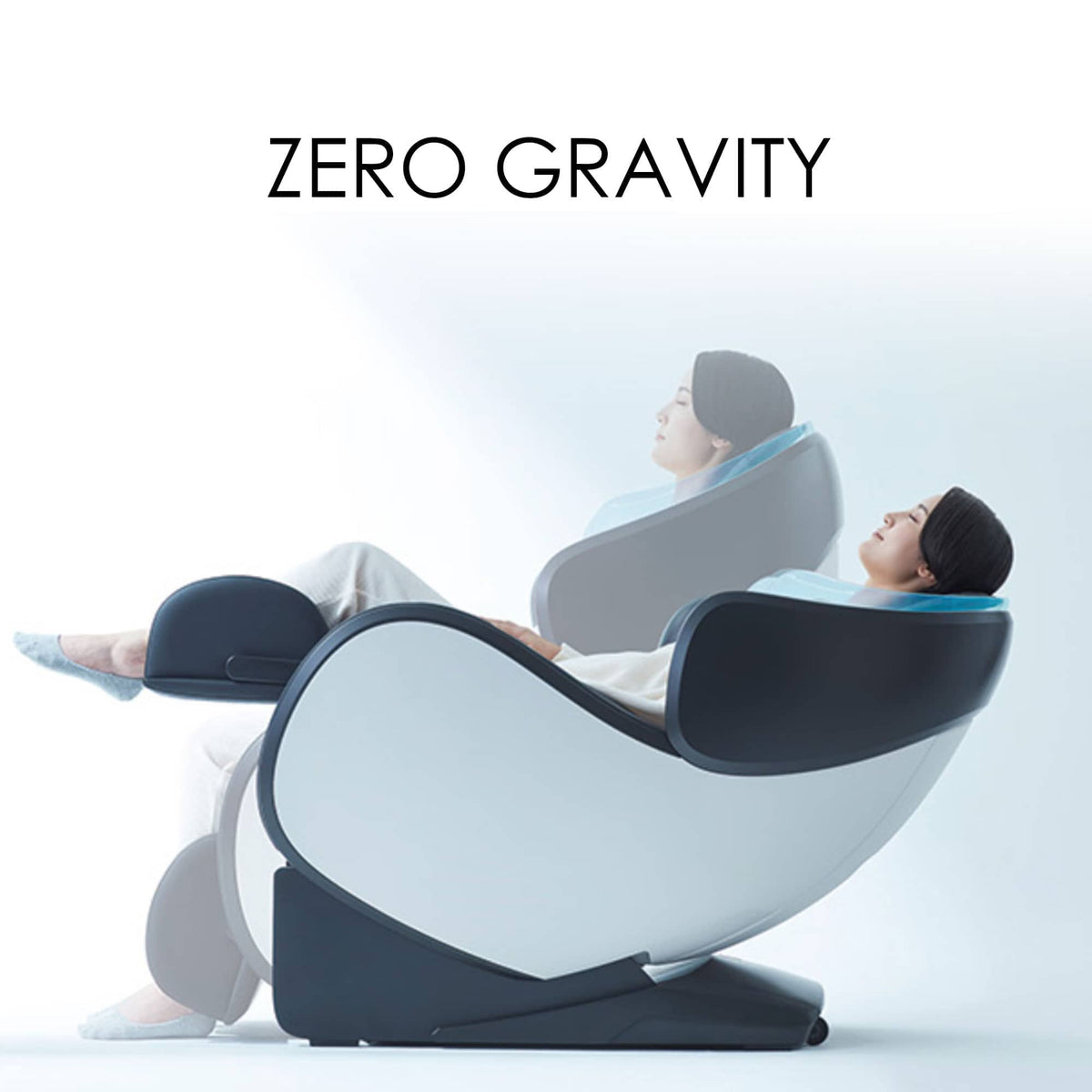 Massage chair, CirC 3 MR380, with a white curved shell, dark gray upholstery and an illustrated zero-gravity recline