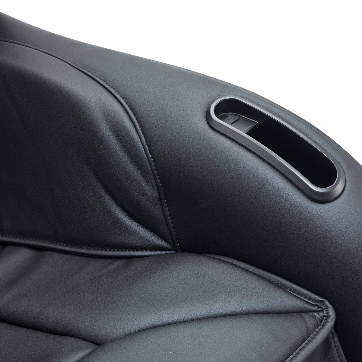 CirC 3 MR380 massage chair showing black textured upholstery, stitched padded panels, and an integrated oval control slot