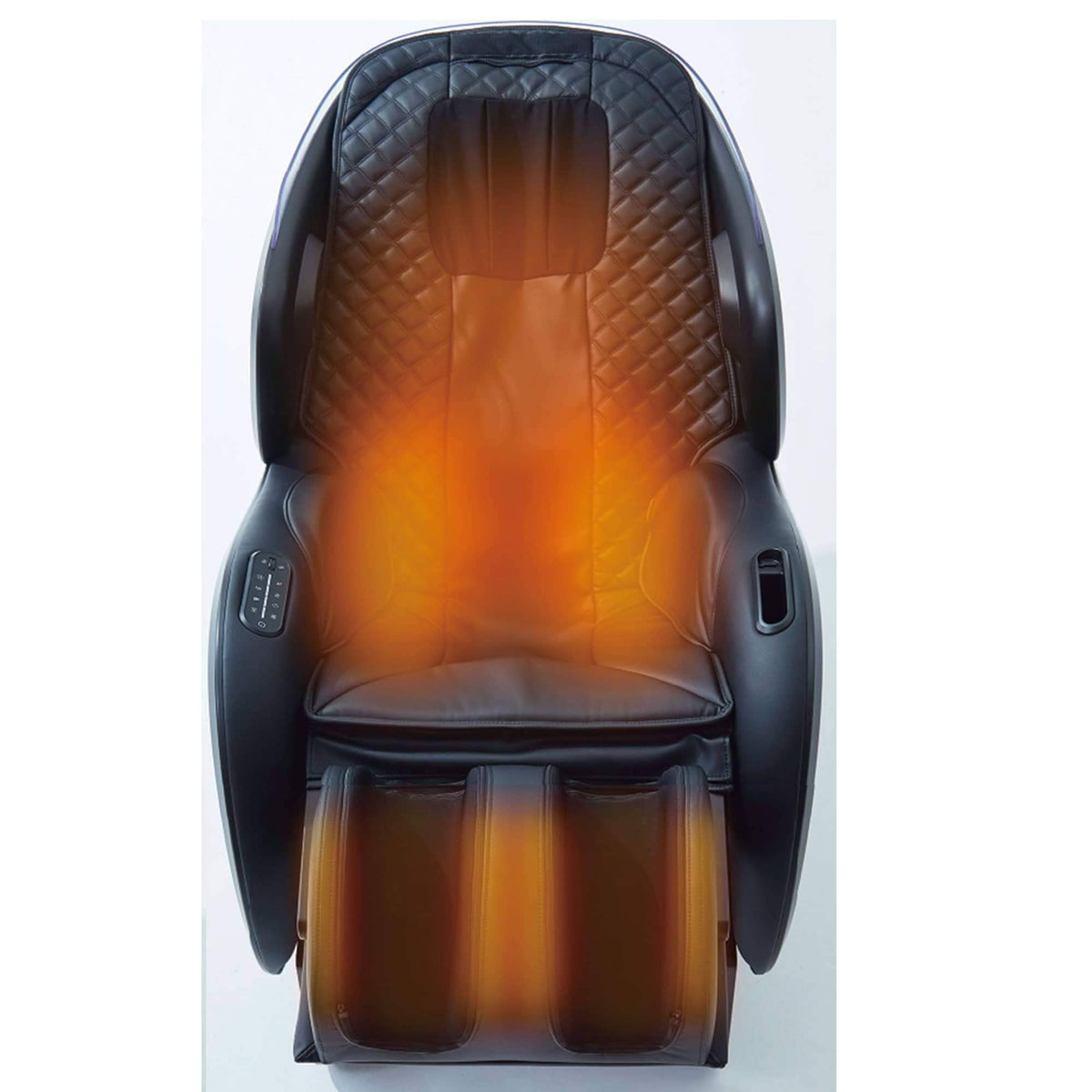CirC 3 MR380 massage chair in black quilted upholstery with padded armrests, foot massager, and orange heat glow