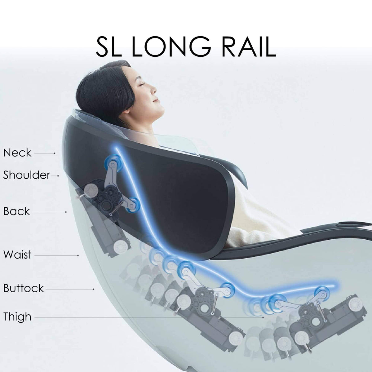 CirC 3 MR380 massage chair with a long SL rail tracing the neck, back, waist, buttocks and thighs