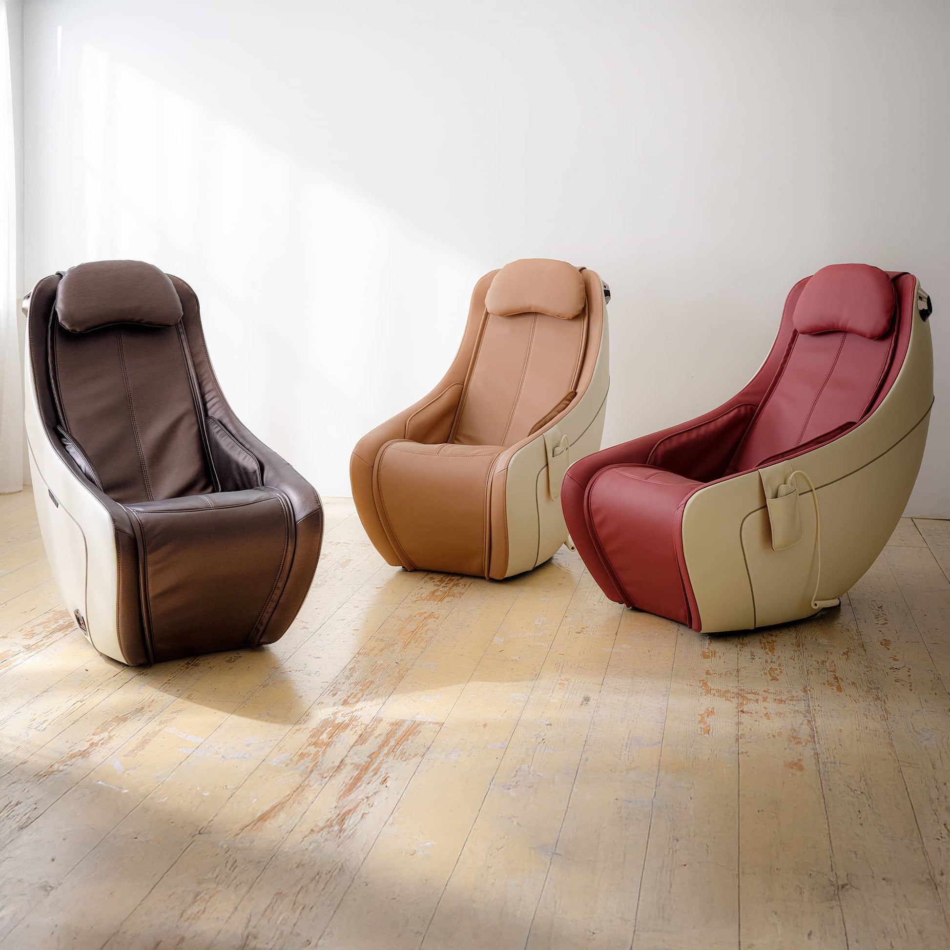 Synca Wellness CirC Massage Chair set featuring three stylish colors for personalized comfort and relaxation