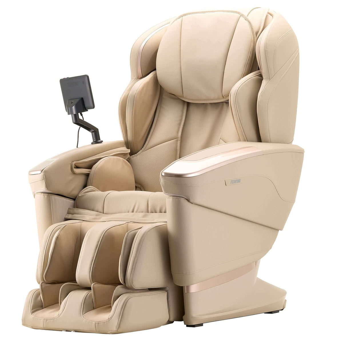 Cyber Relax Ai massage chair in beige faux leather with padded full-body cushions, leg and foot massagers, and a mounted touchscreen