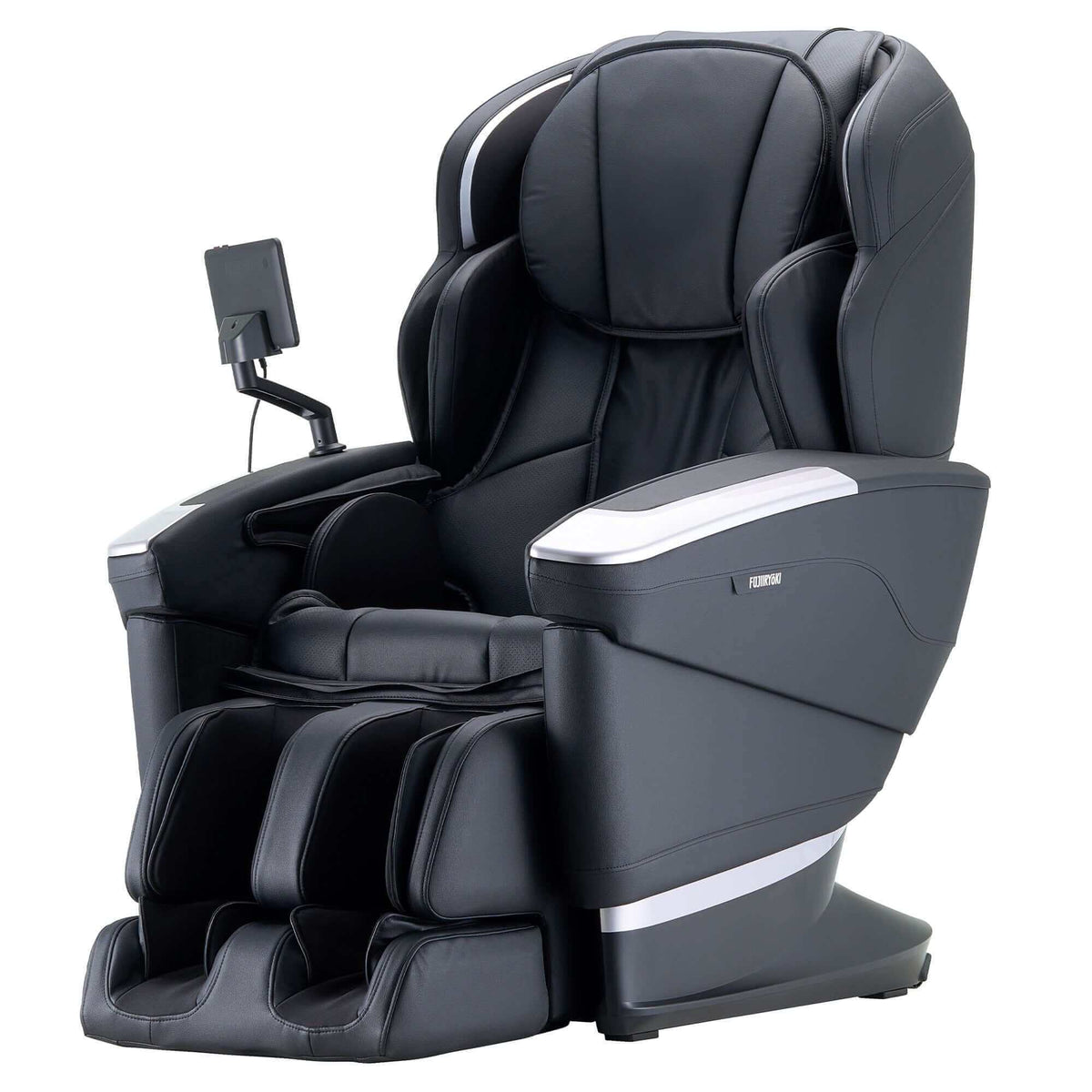 Massage chair in dark charcoal upholstery with sculpted padded panels, silver trim and a mounted touch control screen; Cyber Relax Ai