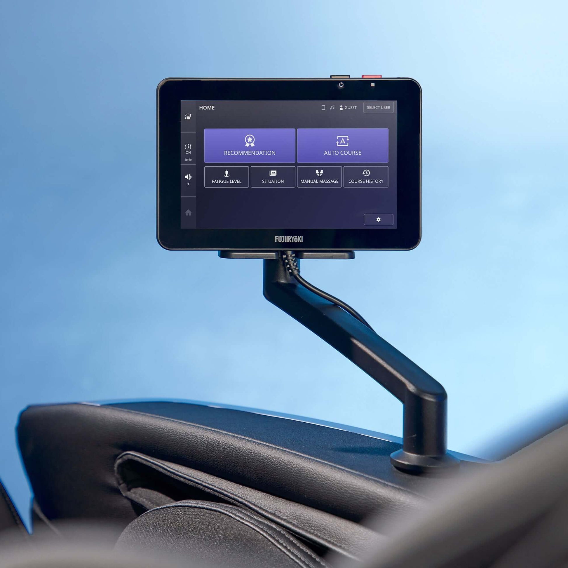 Fujiiryoki electric massaging chair with Cyber Relax Ai touchscreen control panel mounted on adjustable arm