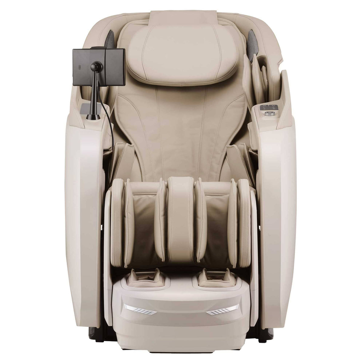 Cyber Relax Elite massage chair in light beige upholstery, with padded armrests, leg rollers, foot massagers and a mounted control screen