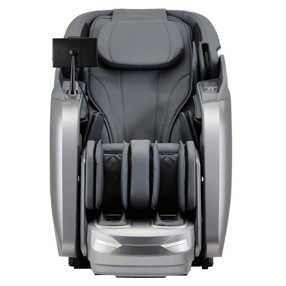 Cyber Relax Elite massage chair in charcoal gray and silver upholstery, featuring enclosed leg rollers and a mounted control screen