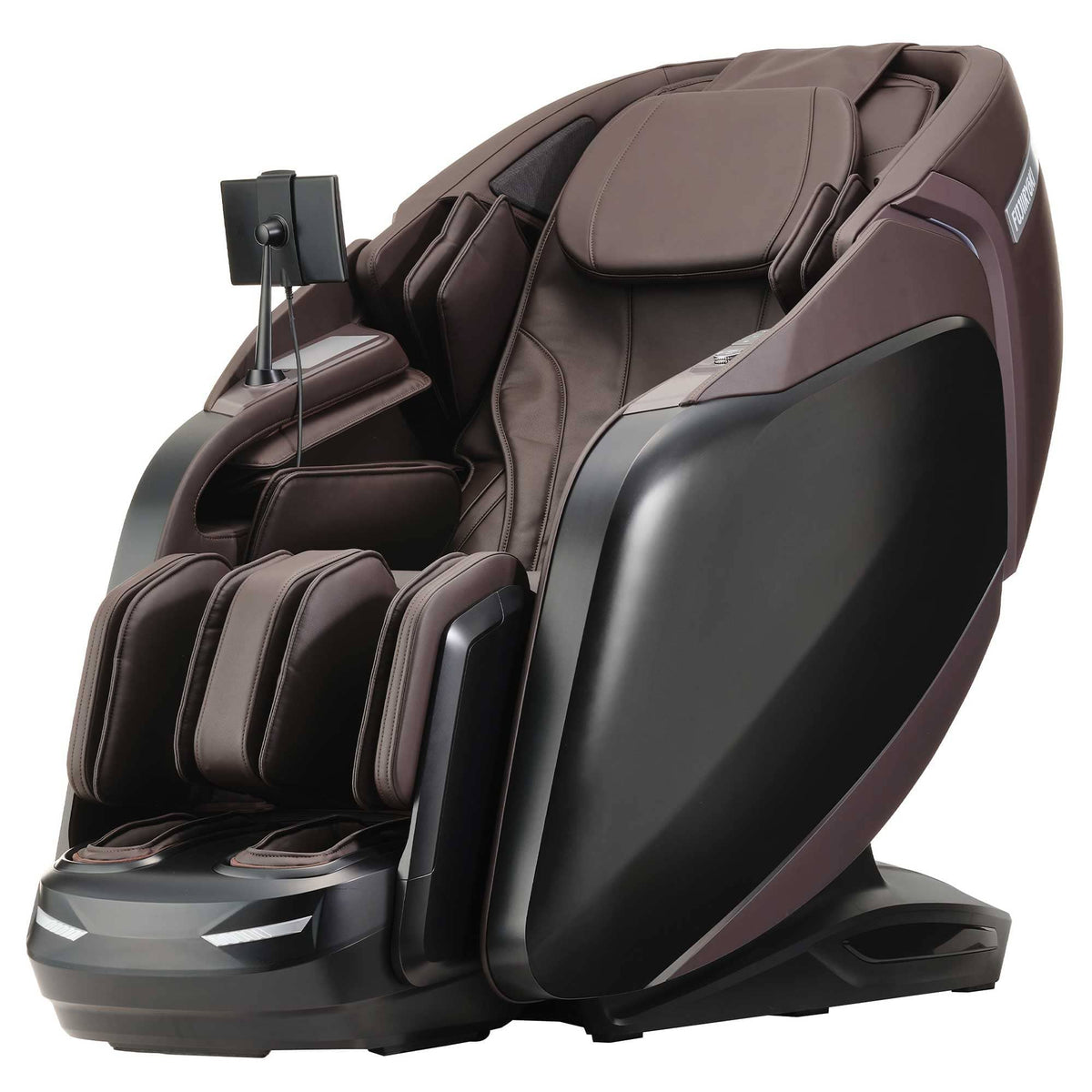 Cyber Relax Elite massage chair in dark brown and black upholstery, with a curved enclosed frame and padded leg and foot massagers.