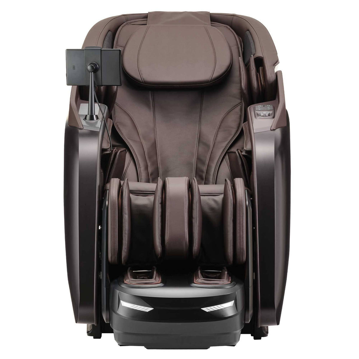 Massage chair Cyber Relax Elite in dark brown leather with padded armrests, leg rollers and a built-in foot massager