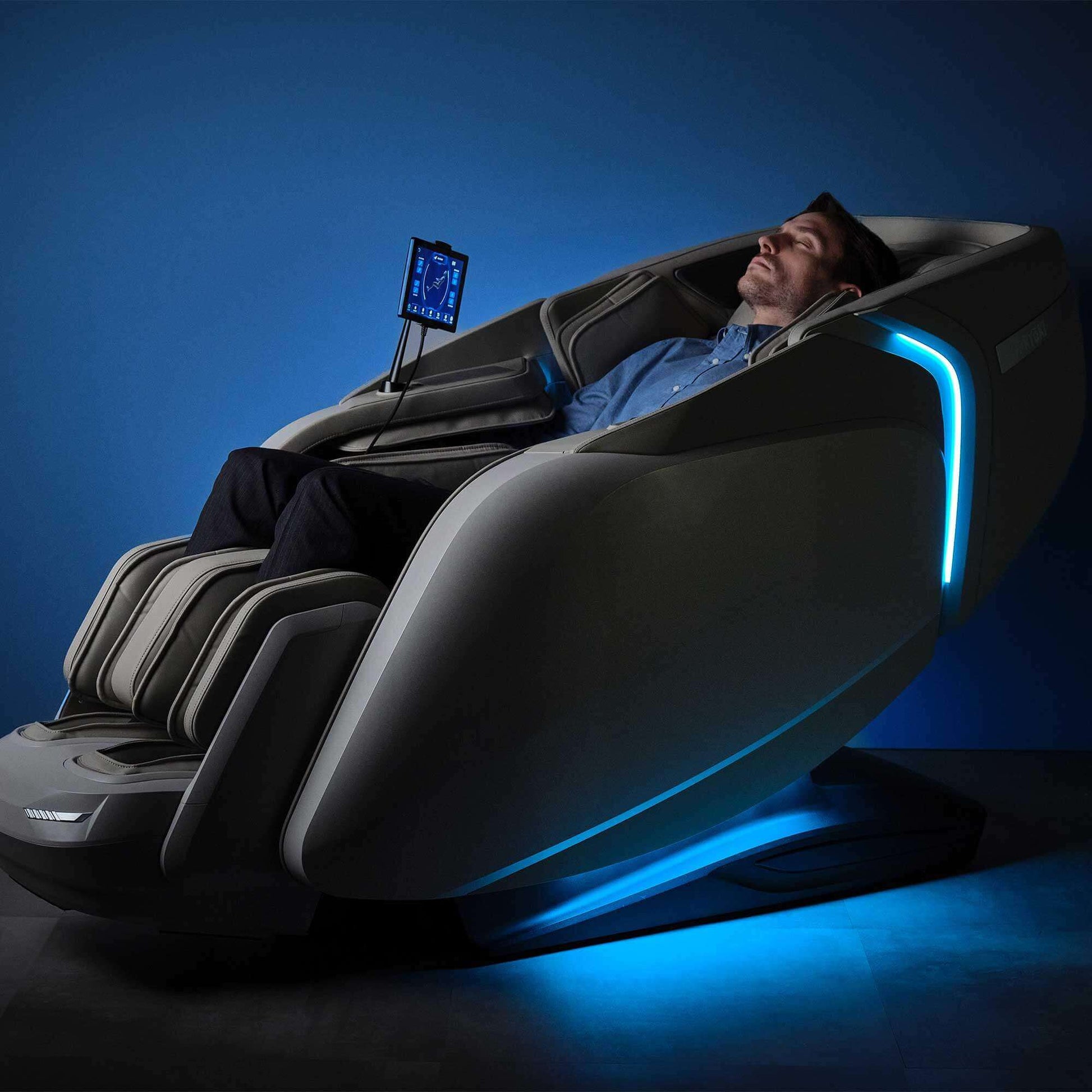 Fujiiryoki Cyber Relax Elite Massage Chair with blue LED lights and reclining feature for full body relaxation