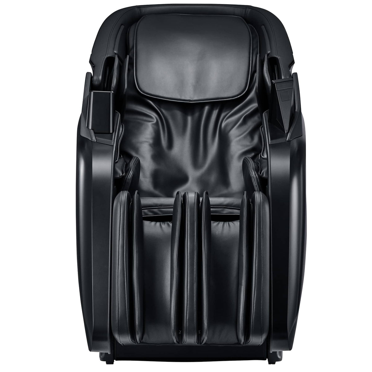 Cyber Relax Performance massage chair in black smooth upholstery, with enclosed body panels and padded arm and leg supports