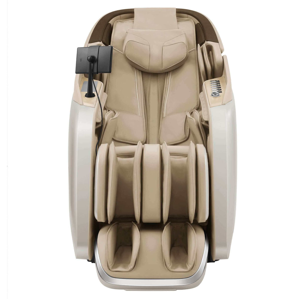 Cyber Relax Pro MR8000 massage chair in beige and cream upholstery with padded body supports, leg massagers, and control panel