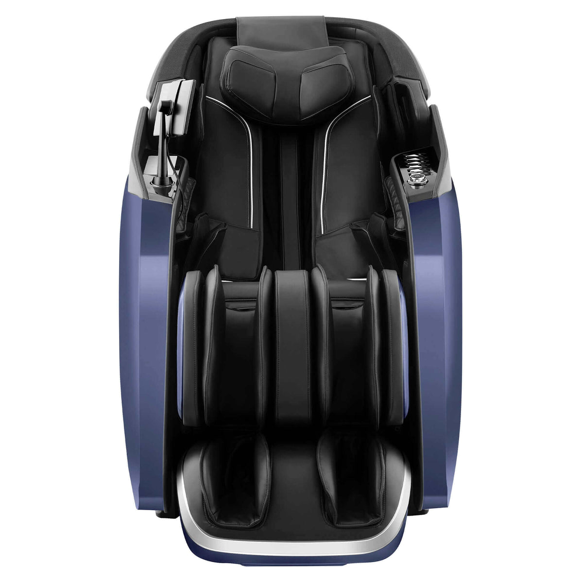 Cyber Relax Pro MR8000 massage chair in black and deep blue upholstery, featuring padded arm, leg and foot massage sections
