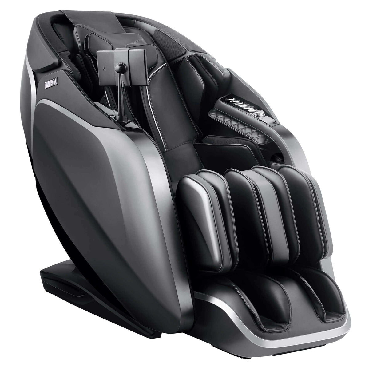 Massage chair, Cyber Relax Pro MR8000, in black and charcoal gray with smooth upholstery, padded armrests and leg massagers