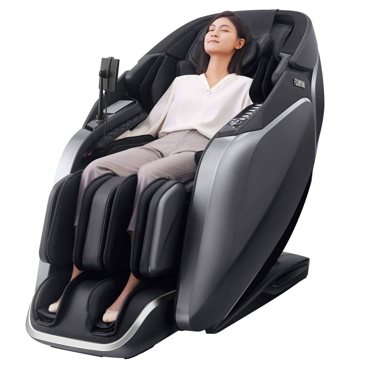 Cyber Relax Pro MR8000 massage chair in black and charcoal gray, with a reclining user, padded armrests and leg compartments