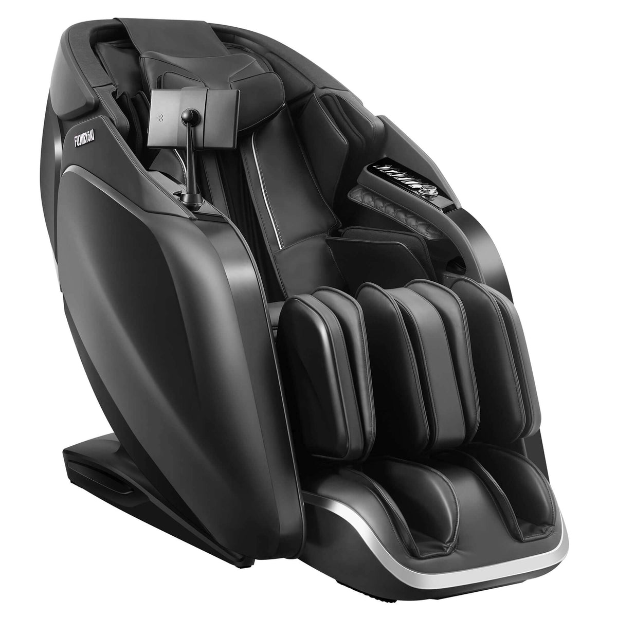 Cyber Relax Pro MR8000 massage chair in black leather with padded arm and leg compartments and a silver-trimmed footrest