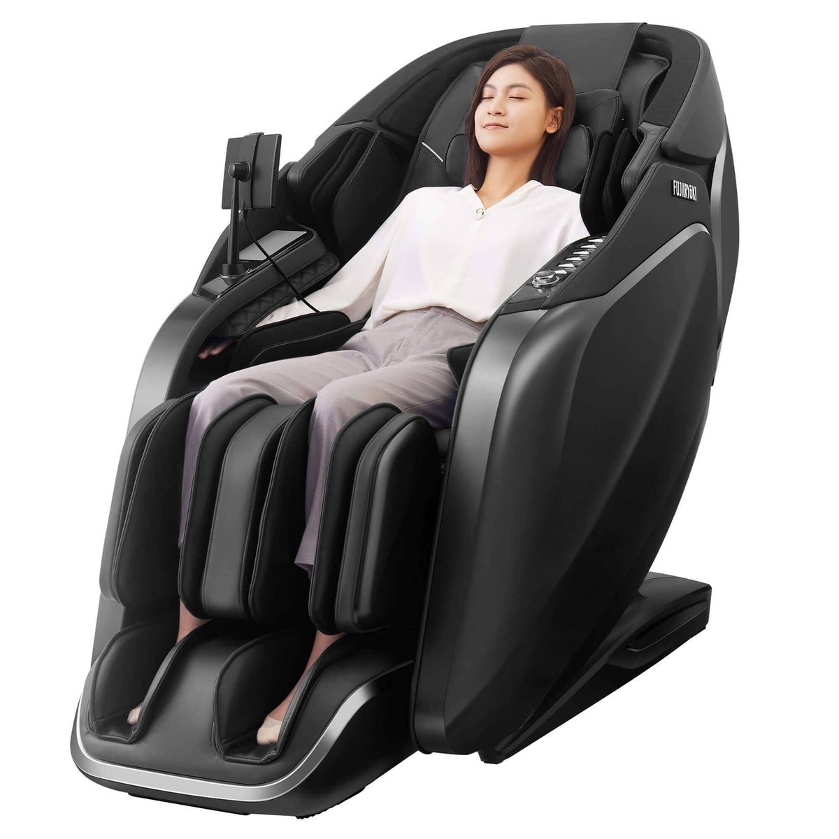 Cyber Relax Pro MR8000 massage chair in black with a smooth leather-like finish, padded arm and leg compartments, and a reclining user