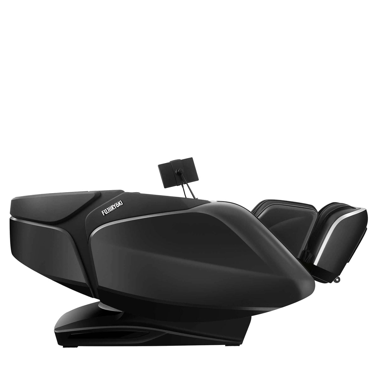 Cyber Relax Pro MR8000 massage chair in black with smooth padded upholstery, sculpted arm panels and an attached control screen