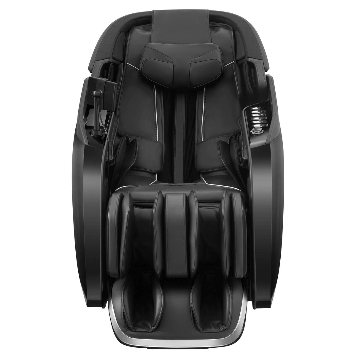 Cyber Relax Pro MR8000 massage chair in black padded upholstery, with a sculpted headrest, armrests and enclosed leg massager