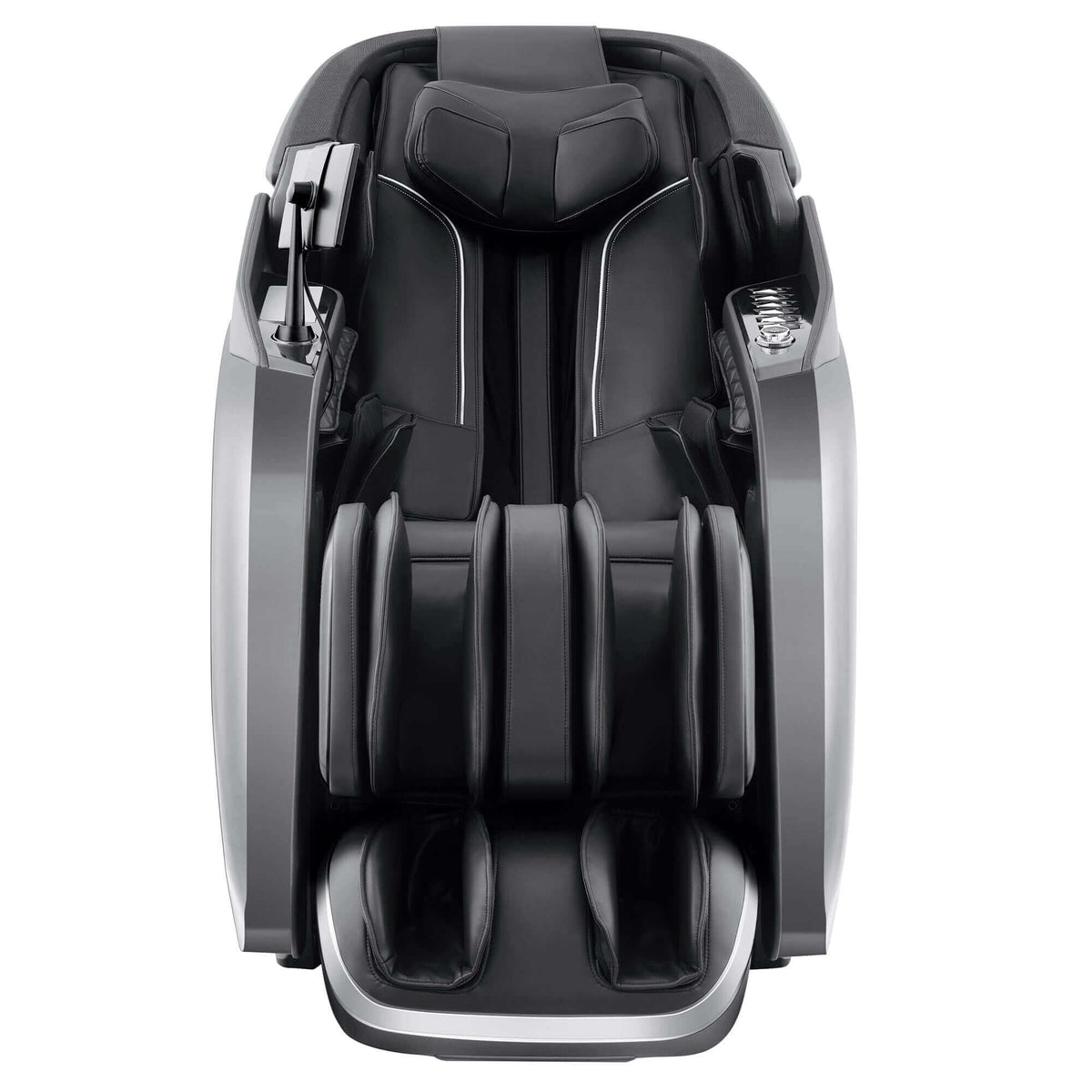 Cyber Relax Pro MR8000 massage chair in black and silver with padded synthetic upholstery, enclosed armrests and leg compartments