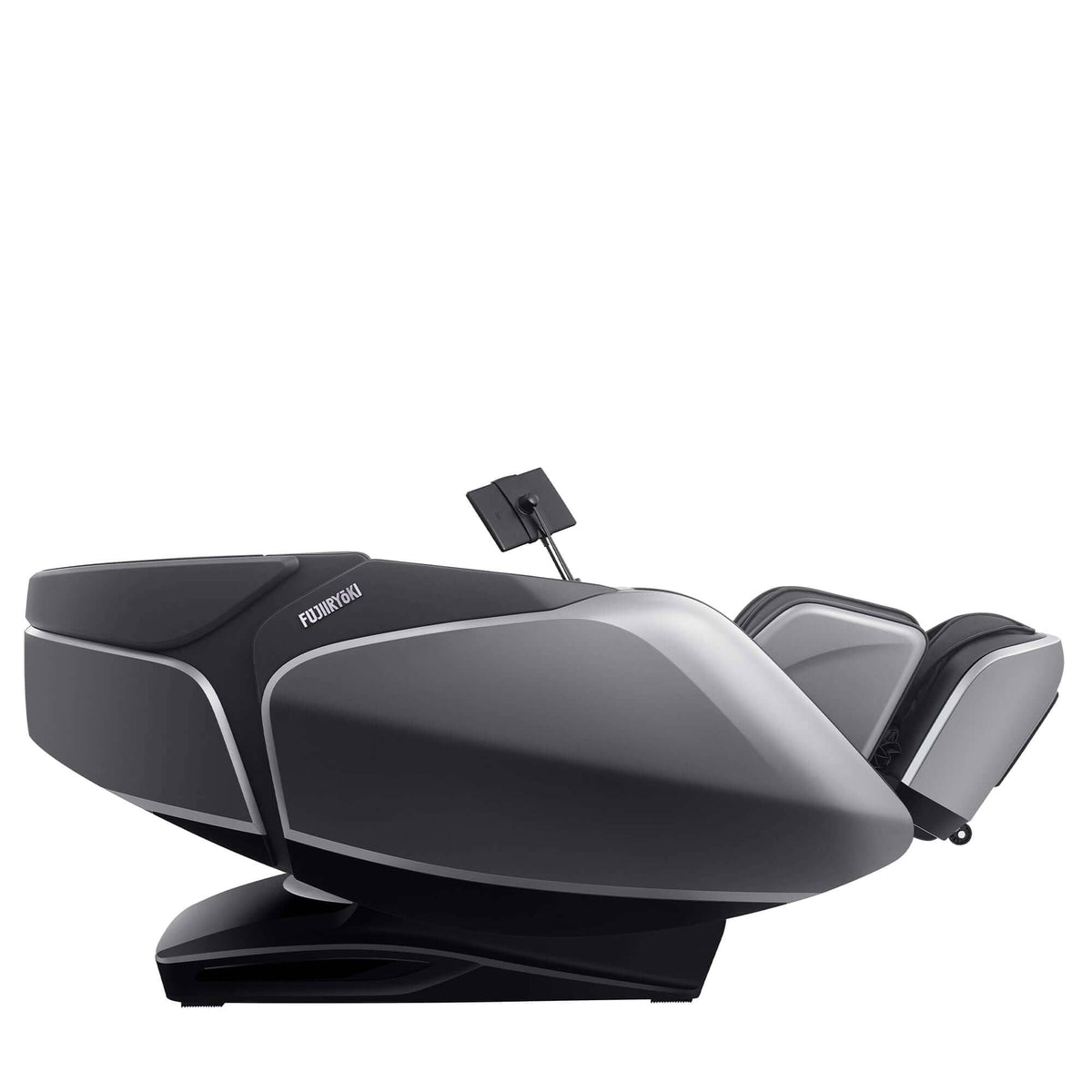 Cyber Relax Pro MR8000 massage chair in dark charcoal and black upholstery, with a sleek curved shell and extended leg rest