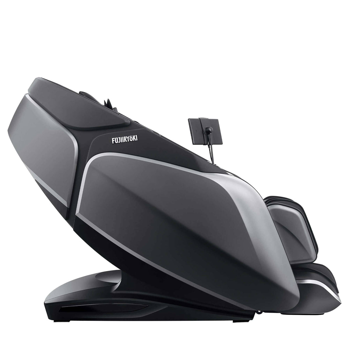 Cyber Relax Pro MR8000 massage chair in charcoal black and silver with a sleek shell, padded upholstery and touchscreen control panel