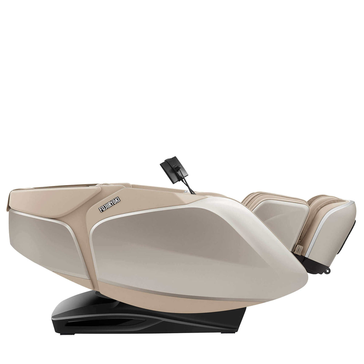 Cyber Relax Pro MR8000 massage chair in cream and taupe upholstery with a sleek sculpted shell and footrest