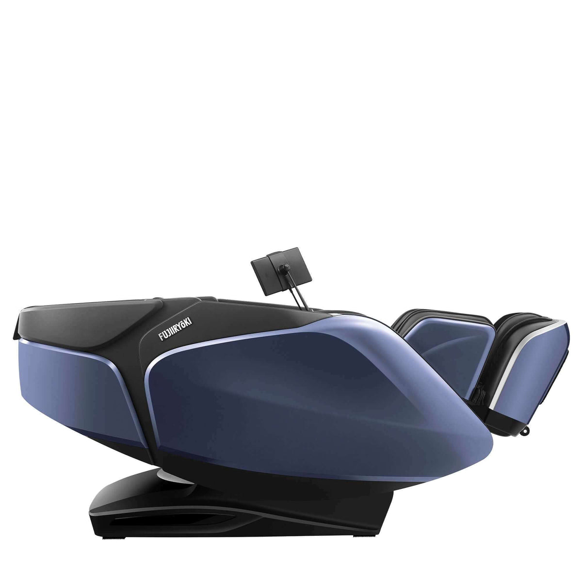 Cyber Relax Pro MR8000 massage chair in dark blue and black upholstery, with a sleek curved shell and raised footrest