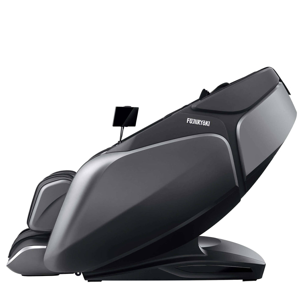 Cyber Relax Pro MR8000 massage chair in dark gray and black with smooth upholstered panels, extended footrest and slim control screen